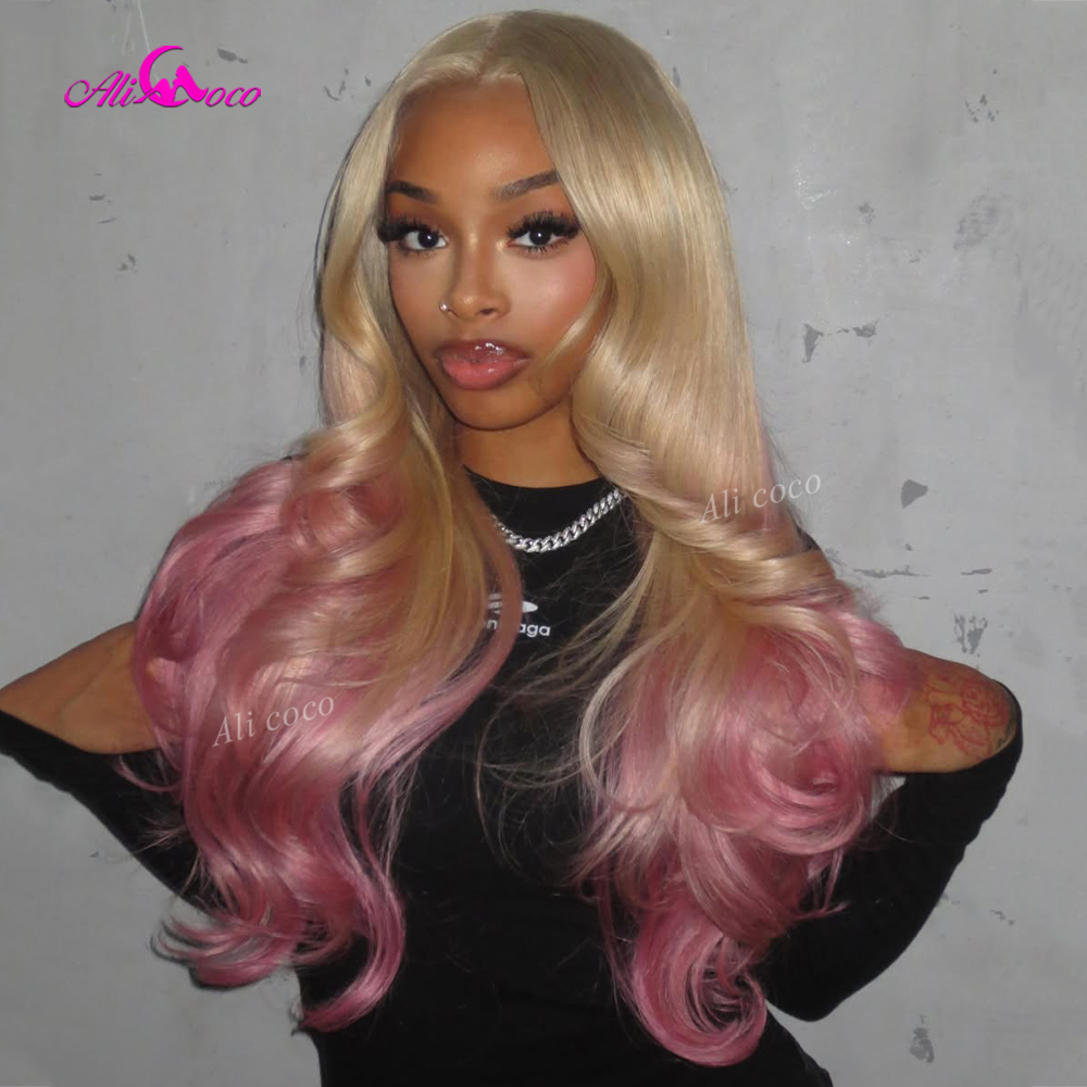 613 Blonde Body Wave Lace Front Wig - شعر بشري بكثافة 180، لون ماكارون