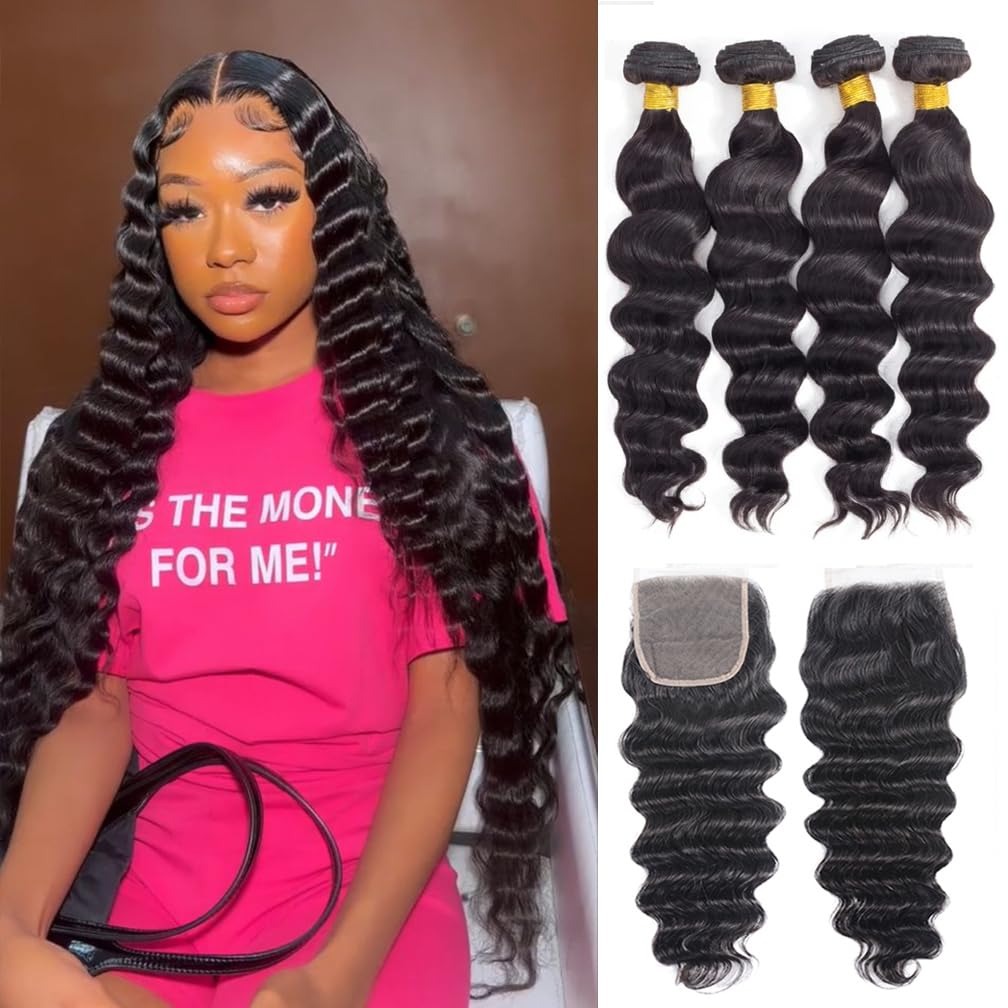 وصلات شعر بشري مموج فضفاض 30 ب - مراجعة Deep Wave 3 Bundles With Closure وسعره